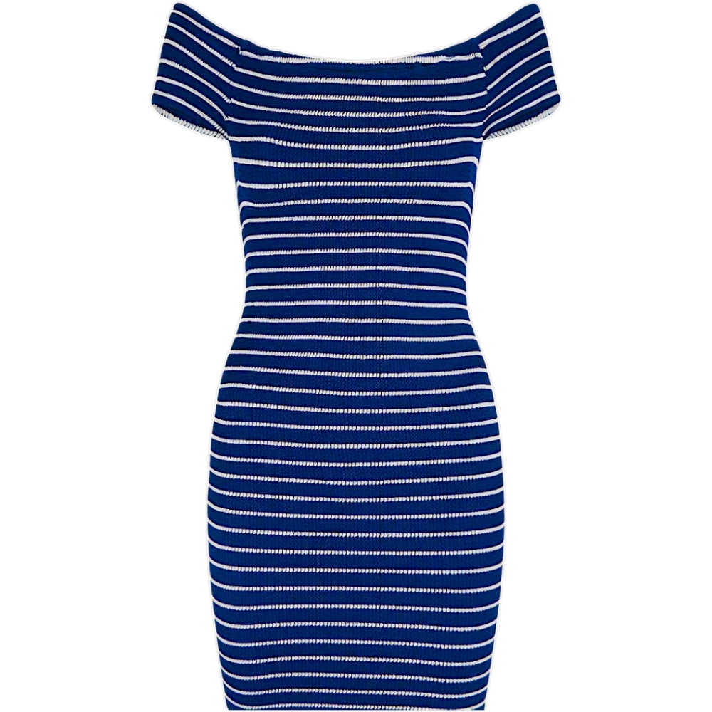 Charlotte Russe Ribbed Off the Shoulder Navy Striped Mini Dress Sz: M